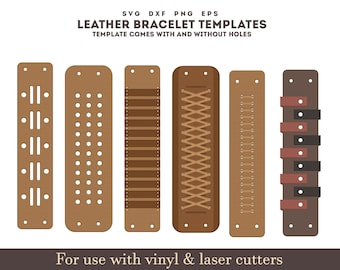 leather bracelet svg, 6 Set Unique leather bracelet Template With Sewing Stiches, Glowforge Leather laser cutting file Bundle svg dxf