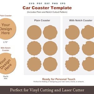 May include: Car coaster template with plain and notch cutout patterns. Includes round coasters, one with a 2.75-inch diameter, and another with a 70x70 mm diameter. The text "Your Design Here" is displayed on the coasters. Ready for vinyl cutting and laser cutting.