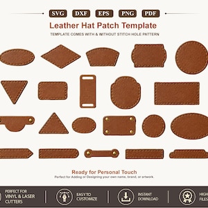 Leather Patch SVG Template, 21 set Hat Patches Svg Bundle, Leather Patch Shape With Sewing Stitches, Glowforge Leather laser cut file Dxf