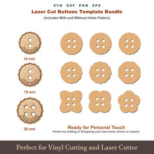 Puede incluir: Un paquete de plantillas de botones cortados con láser en varias formas y tamaños. Los botones son de madera marrón claro e incluyen diseños redondos, festoneados y florales. Los tamaños incluyen 12 mm, 15 mm y 20 mm. El texto en la imagen dice "Laser Cut Buttons Template Bundle."