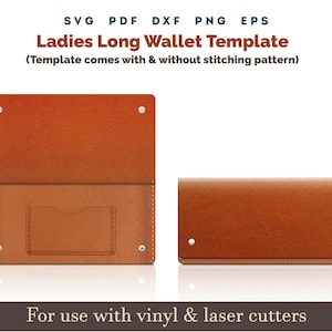 Monedero de cuero SVG, Cartera larga de cuero minimalista para mujer, patrón SVG PDF con puntadas de costura, paquete de archivos cortados con láser de cuero Glowforge DXF