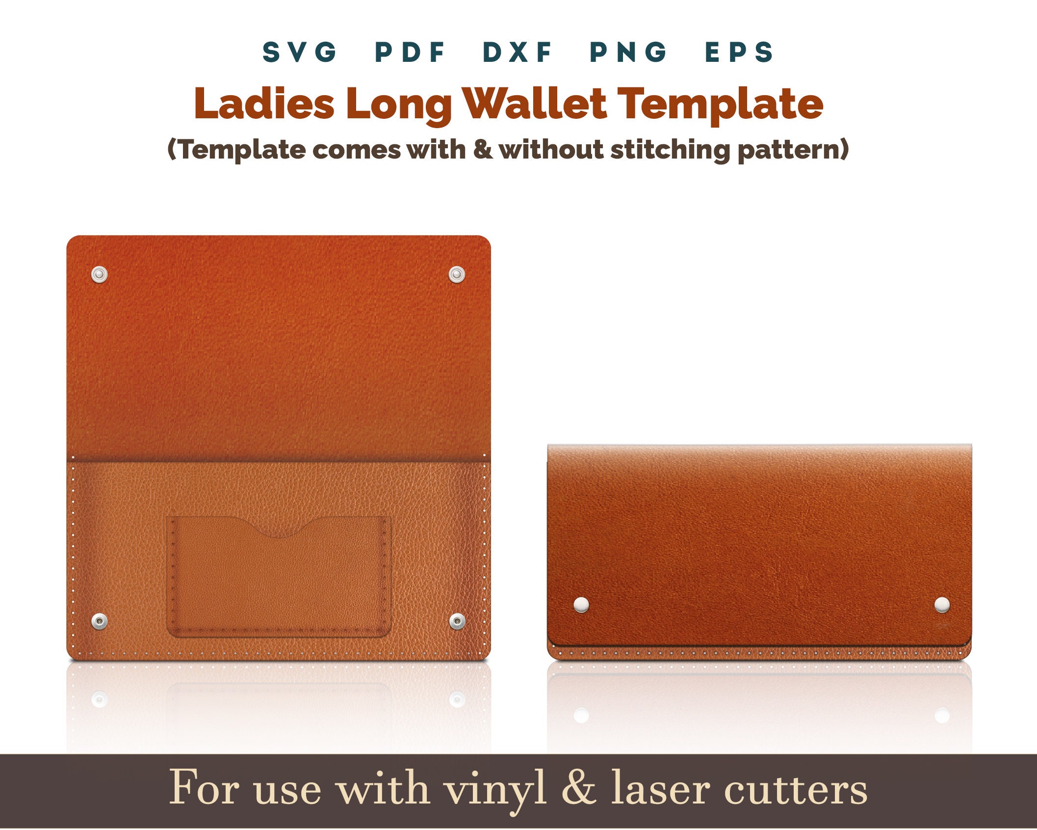 leather purse SVG, Minimalist Leather Long Wallet for Women SVG PDF Pattern With Sewing Stiches, Glowforge Leather laser cut file Bundle Dxf