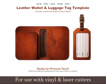 Leather Wallet SVG Template, Luggage Tag Pattern with Stitch Holes, Cricut Glowforge Leather Laser Cut DXF PDF