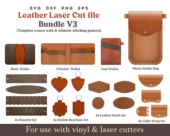Leather Laser Svg Cut File Pattern Bundle, Leather Keychain, Wallet Svg,  Card Holder Wallet Svg, Leather Patch Svg, Bracelet Svg, Cable Wrap 