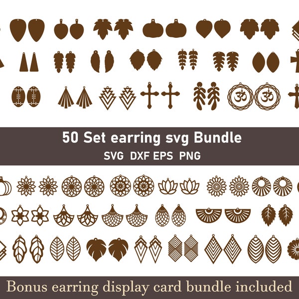 50 Set Earrings SVG, bundle with display earring card svg, wooden earring svg bundle, laser leather earring template, glowforge earrings svg