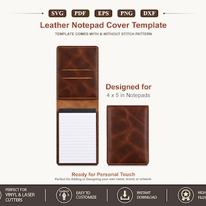 Puede incluir: Una plantilla digital para una funda de cuero para bloc de notas, con formatos SVG, PDF, EPS, PNG y DXF. El diseño incluye una funda abierta con un bloc de notas de 10,16 x 12,7 cm y una funda cerrada, ambas en cuero marrón con costuras.