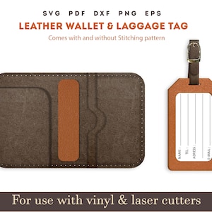 Cartera de cuero SVG, etiqueta de equipaje de cuero SVG Patrón PDF con puntadas de costura, archivo de corte láser de cuero Glowforge, archivo de cartera de cuero Cricut