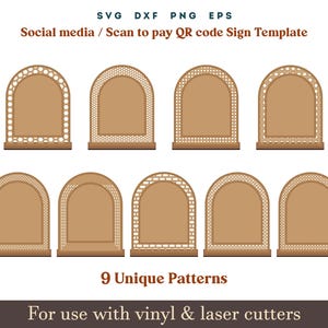 Qr code sign svg, Scan to pay social media sign template, 9 Set Acrylic wooden Display Stand Sign Template Glowforge SVG Dxf Laser cut Files