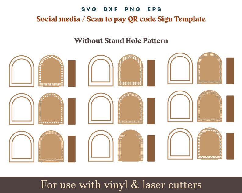 Rattan arch sign template Qr code sign svg, Scan to pay social media sign template, 9 Set Acrylic wooden Display Stand Sign Template Glowforge SVG Dxf Laser cut Files