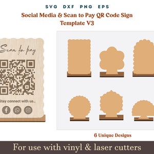 QR Code Scan to Pay Zeichen SVG, 6er Set Social Media Zeichen SVG Acryl Holz Display Stand Zeichen Vorlage Cricut Glowforge SVG Dxf Laser cut Datei