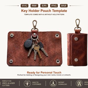 May include: A brown leather key holder pouch template featuring SVG, PDF, EPS, PNG, and DXF file formats. The image displays an open pouch with a metal clasp and keys, and a closed pouch secured with two silver-toned metal snap buttons.