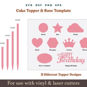 Puede incluir: Nueve diseños diferentes de toppers para pasteles en rosa, que incluyen un círculo, una estrella, una nube, un corazón, un hexágono, un óvalo, una corona, una flor y el texto "Happy Birthday". Los diseños se muestran en diferentes tamaños de 2 a 6 pulgadas.