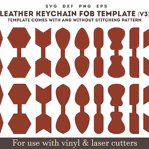 Leder Schlüsselanhänger Schlüsselanhänger Vorlage SVG, Leder Schlüsselanhänger Muster mit Nähstichen, Glowforge Leder Laserschnittdatei Bundle svg DXF EPS