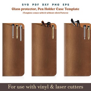May include: Three brown leather pen and glasses cases with stitching detail. The cases are for use with vinyl and laser cutters. SVG, PDF, DXF, PNG, and EPS file formats are available.
