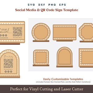 Op de afbeelding: Een verzameling aanpasbare sjablonen voor social media en QR-codes in verschillende vormen, waaronder rechthoekige, cirkelvormige en achthoekige ontwerpen. De borden zijn lichtbruin met decoratieve randen en bevatten tekst en QR-codes. De afbeelding bevat ook de tekst "Social Media & QR Code Sign Template".