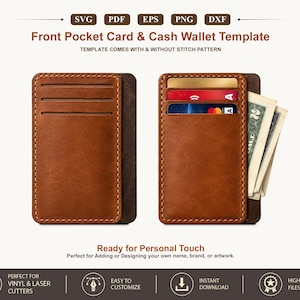 Leather Front Pocket wallet SVG Template, Leather PDF Cash & Card Holder, Cricut Glowforge Leather laser Wallet Cut File Dxf