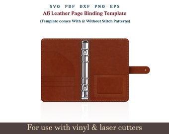 Plantilla de encuadernación A6 SVG, patrón de funda de cuero A6 PDF SVG con puntadas de costura, funda para cuaderno, archivos láser de cuero Glowforge