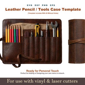 Estuche de herramientas de cuero SVG, plantilla de estuche con ruedas para herramientas de pintura de artista, archivo de corte láser DXF para estuche de lápices vintage Cricut Glowforge