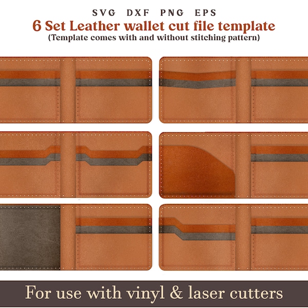 Leather laser cut wallets svg, 9 Pocket Bifold 6 set Wallet Svg Pattern With Sewing Stiches, Glowforge Leather laser cut file Bundle svg dxf