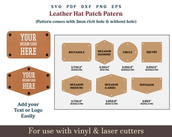 leather Hat patch svg, 7 set leather Hat Patches Svg, Leather Shape Svg, With 3mm Rivit hole, Glowforge Leather laser cutting file Bundle