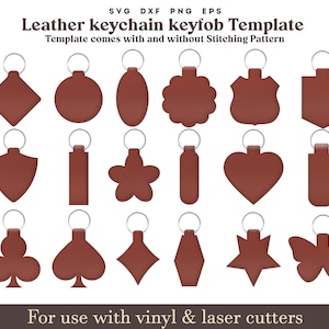 Pacchetto di modelli SVG per portachiavi in pelle, portachiavi SVG, 18 set di forme per portachiavi in pelle con punti di cucito, file di taglio laser Glowforge