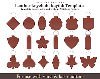 Leather Keychain Key Fob Template SVG Bundle, Keychain SVG, 18 set leather Keychain Shapes With Sewing Stitches Glowforge laser cutting file