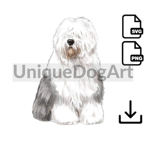Unique Sitting Old English Sheepdog PNG  Clipart Sublimation Design Graphic Printable Bobtail Dog Art Digital Download