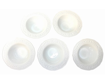 Indiana Glass Orange Blossom Set Of 5 Milk Glass Embossed Floral 5 1/2" Bowls