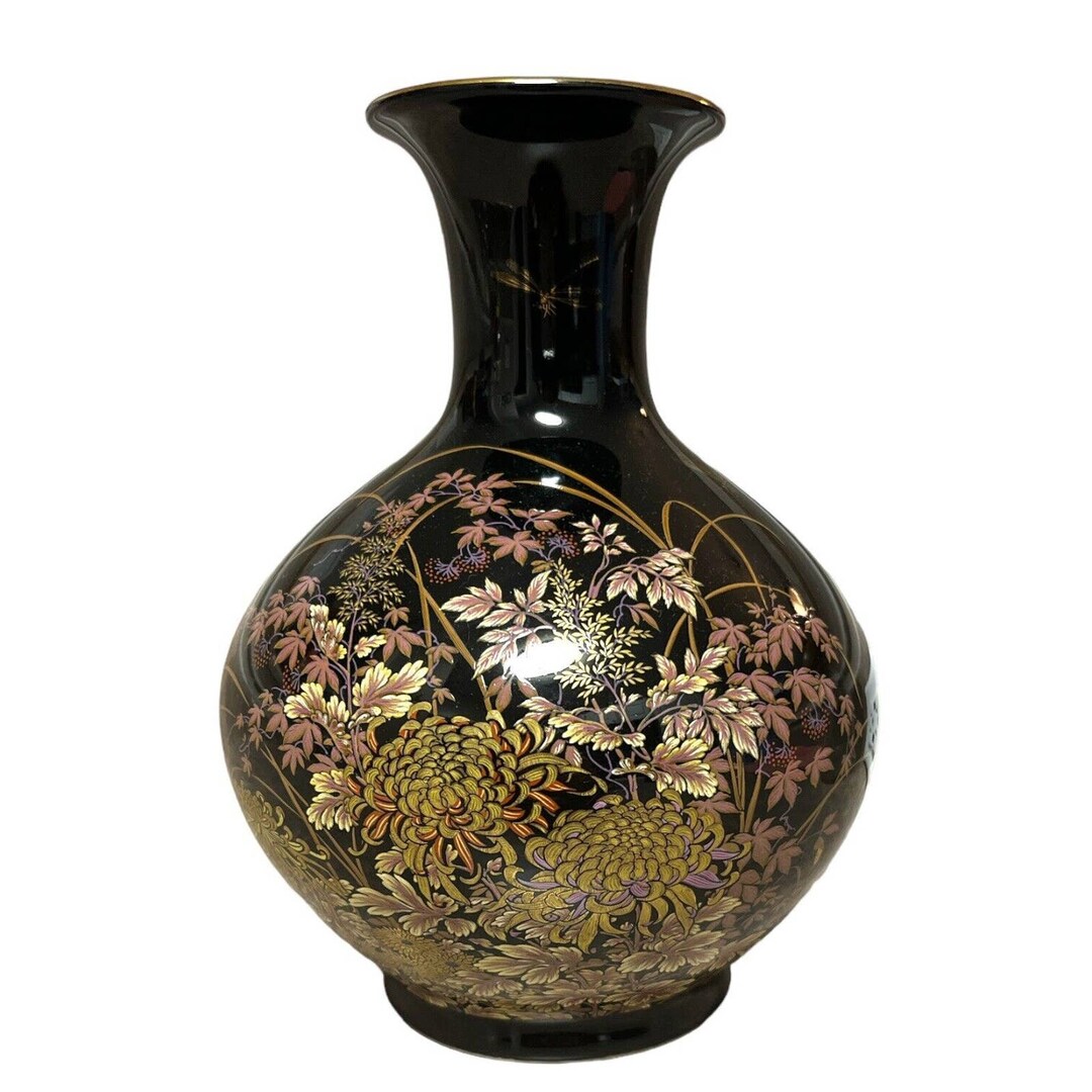 Vintage Toyo Golden Kiku Porcelain Vase Black W/metallic Etsy