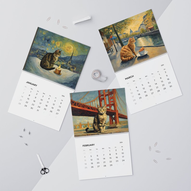 Cat Wall Calendar 2024, Van Gogh Inspired Cat Calendar, Artful Calendar