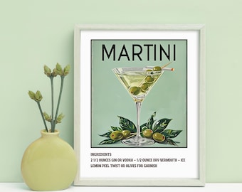 Martini Cocktail Recipe Art Print: Retro Mid-Century Bar Decor