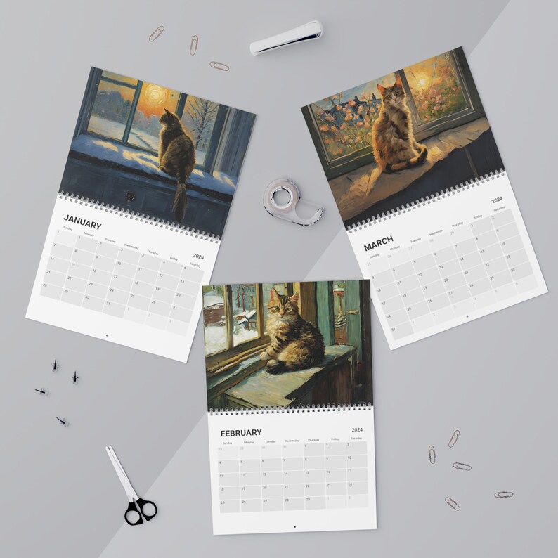 Cat Seasons Wall Calendar 2024, Van Gogh Inspired Cat Calendar, Artful