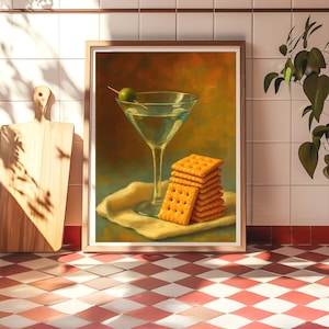 Martini and Cheese Crackers Print | Quirky Whimsical | Cocktail Art Bar Cart Decor | Elegant Oil Painting Print | Trendy Kitchen Wall Art