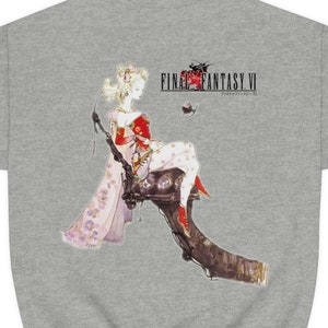 May include: A gray sweatshirt with a graphic print of a woman in a white dress and red sash sitting on a tree branch. The text "FINAL FANTASY VI" is printed above the image.