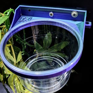 Könnte beinhalten: Eine 3D-gedruckte Wandhalterung für einen durchsichtigen Plastikbecher. Die Halterung ist blau, lila und grün und hat zwei Schrauben. Der Becher ist leer und sitzt in der Halterung.