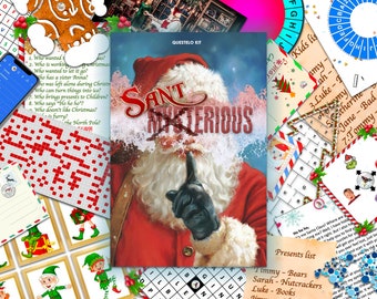 May include: A Christmas-themed game kit with a red and white Santa Claus illustration on the cover. The title of the game is "Santa Mysterious". The kit includes a variety of games and activities, such as a crossword puzzle, a word search, and a list of presents.
