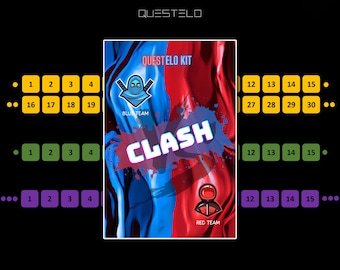 Puede incluir: Una ilustración digital de un fondo azul y rojo que se superponen con el texto "QUESTELO KIT" y "CLASH" en el centro. La imagen también incluye dos logotipos de equipo, uno azul y otro rojo, con el texto "BLUE TEAM" y "RED TEAM" debajo de cada logotipo. La imagen está dividida en dos secciones, con los números 1-19 y 27-30 a la izquierda y los números 12-15 a la derecha.
