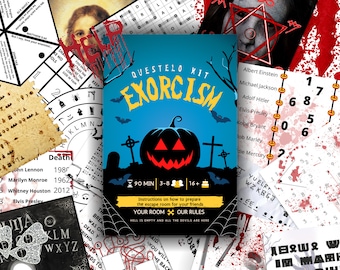May include: A blue and yellow escape room game kit titled "Questelo Kit Exorcism". The cover features a jack-o-lantern with a cross behind it. The game is for 3-8 players, takes 90 minutes to play, and is recommended for ages 16 and up. The text on the cover reads "Hell is empty and all the devils are here."