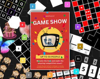 Puede incluir: Un póster rojo y amarillo con un televisor de dibujos animados y el texto "QUESTELO KIT GAME SHOW UP TO 50 PEOPLE Become the host and make the amazing competition event! Includes 20 passive and active challenges in a dynamic presentation with everything you need to host an event."