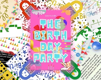 May include: A pink and blue birthday party game kit with the text "The Birthday Party" on the front. The kit includes a variety of colorful cards, balloons, and other decorations.