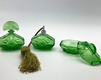 Antique Art Deco Dark Green Bohemian Glass Vanity Set - Perfume Bottle, Powder Jar, Oil Bottle - Czechoslovakia