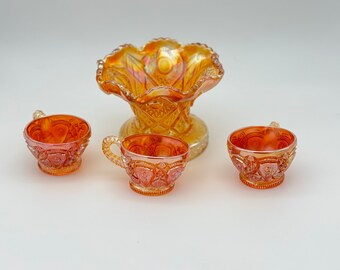 Antique 1930s Carnival Glass Marigold base of Punch Set with Three Cups