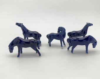 Set of 5 Vintage Dark Blue Chinese Porcelain Horses – Collectible Cobalt Ceramic Figurines