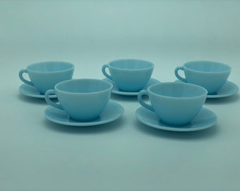 Set of 5 Vintage Duralex Light Blue Opaline Tea Cups with Saucers - 1960s
