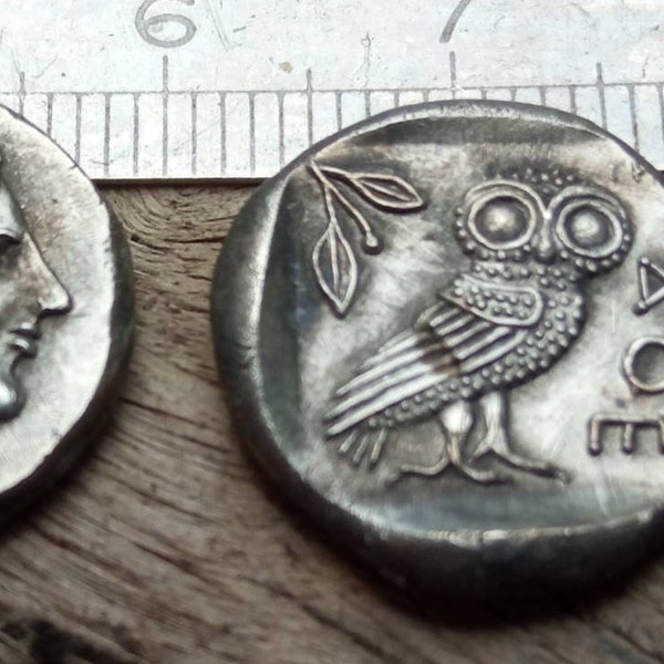 Reproduction Greek coins drachma Athens Athena Owl dimension 18 mm 4 gm +OU-TIN tinplate denarii currency coin Denarius