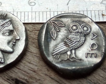 Reproduktion griechischer Münzen Drachme Athen Athene Eule Abmessung 18 mm 4 g + OU-TIN Zinn Denare Währungsmünze Denar