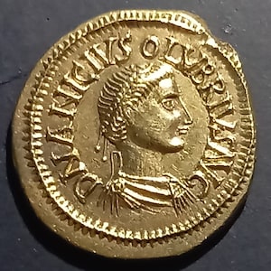 Peut inclure: Une pièce d'or avec le portrait d'une personne d'un côté et l'inscription "D N AVGVS O[B]B[R]A[T]" autour du bord.