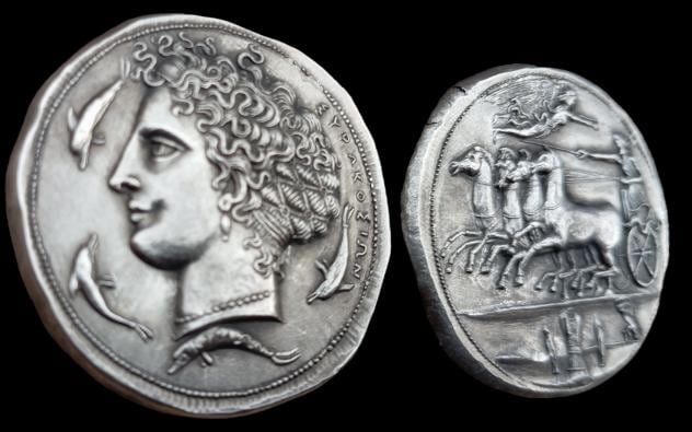 Silberne griechische Dekadrachme Antikes Griechenland, Sizilien, silberne Dekadrachme-Münze Arethusa Syrakus, signiert von Kimon, PL Argent Repro.