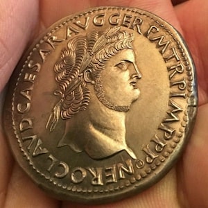 Reproducciones de monedas antiguas, peltre sestercio, Nerón, Puerto de Ostia