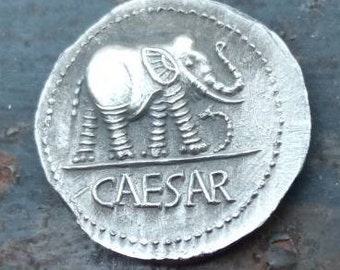 Julius Caesar Elephant Roman Civil War, Ancient Roman Empire Denarius Coin, Silver Plated Coin Replica, Reproduction Roman Coin